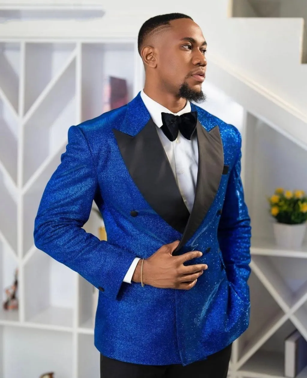 Paillettes Bleu Hommes Costumes Pour Mariage Peaked Revers Double Breated  Hommes Dîner Robe Costume Homme Pour Mariage Veste + Pantalon