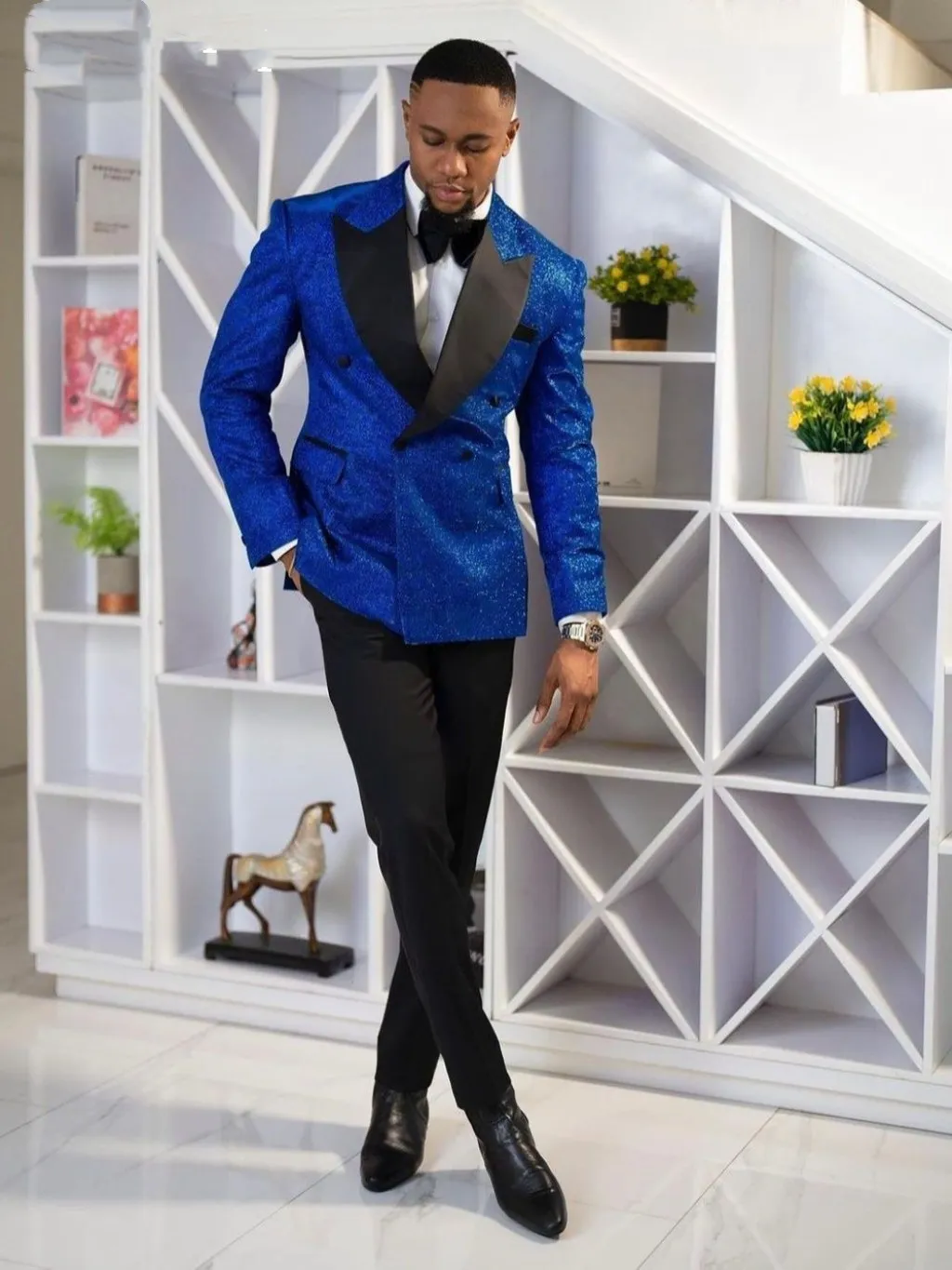 Paillettes Bleu Hommes Costumes Pour Mariage Peaked Revers Double Breated  Hommes Dîner Robe Costume Homme Pour Mariage Veste + Pantalon