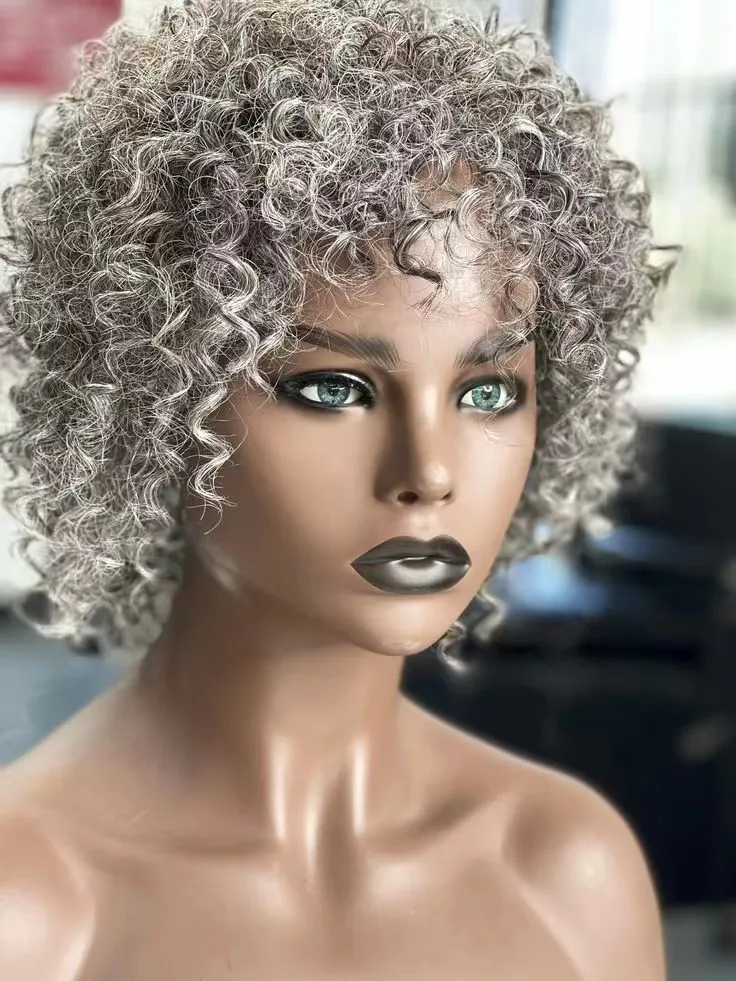 thumbnail image 2 of Short Pixie Cut Wig - Grey Mix Black Synthetic Curly Hair For Black Women 2 of 10