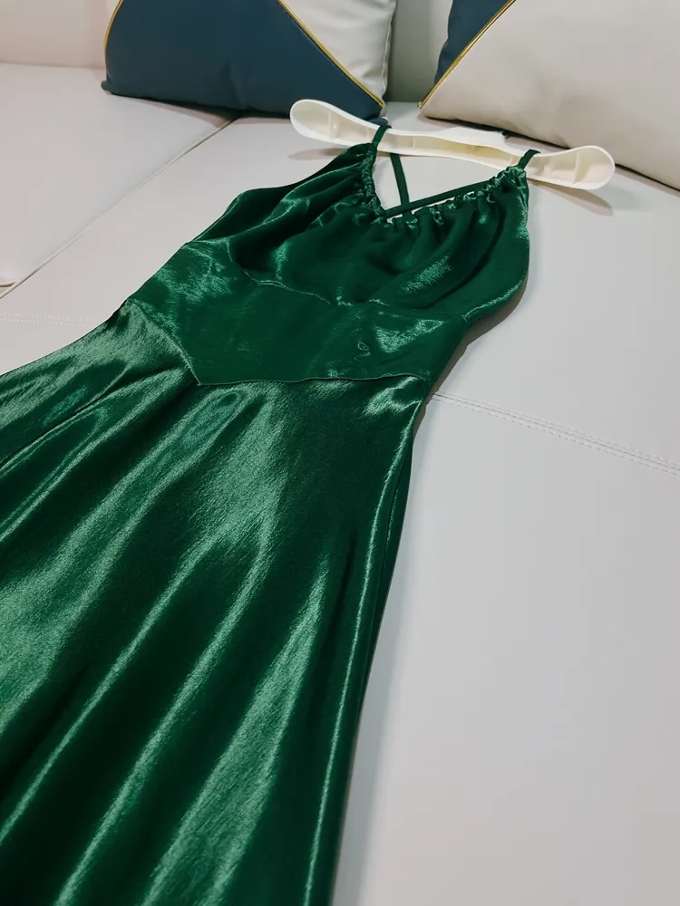 sachin and babi light blue dress 2024 Summer Emerald Green Solid Panelled Satin Halter V-Neck Mid-Calf  A-Line Dress from Dhgate Basic & Casual Dresses