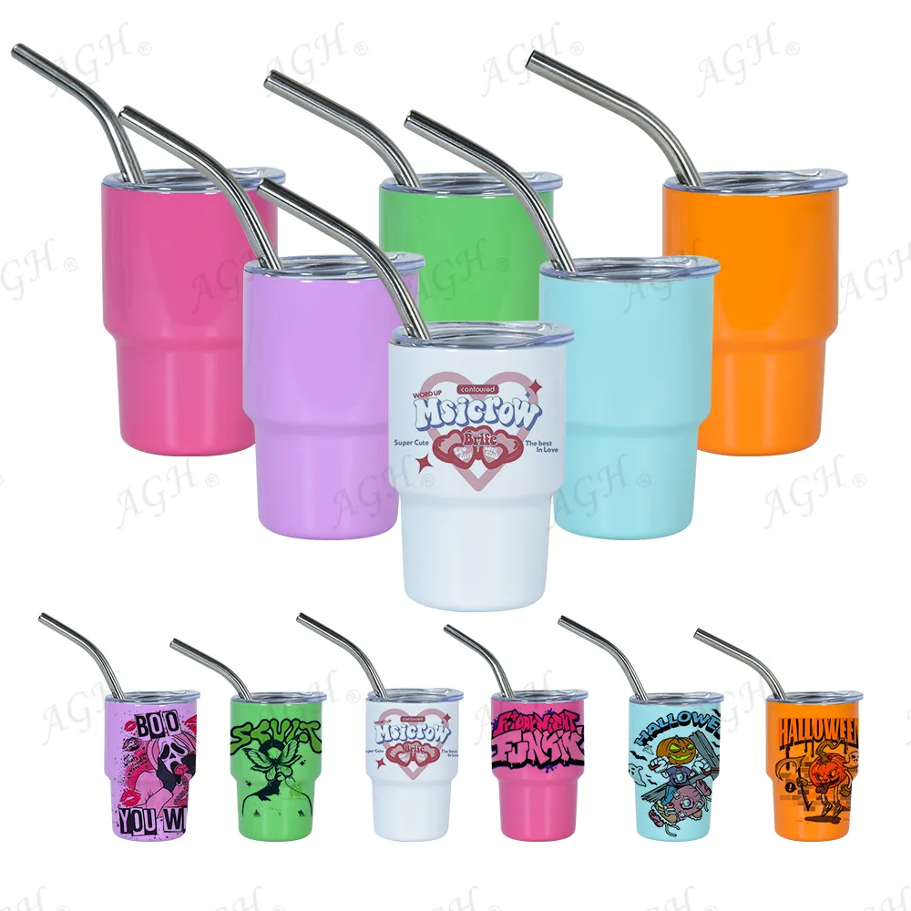 US Ship 3oz Colored sublimation shot glass stainless steel mini Tumblers with lid straw double walled non-vacuum wine Alcohol glass cute cup /case 