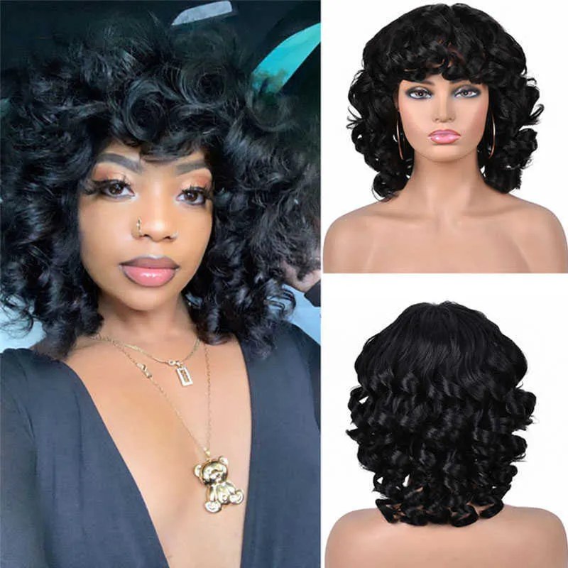 Fluffy Synthetic African Ombre Wig With Bangs Glueless Natural Brown Short Afro Kinky Curly For Black Women By Nxy Curly Hair Bangs 230619 From Restraints 34.84 DHgate.Com