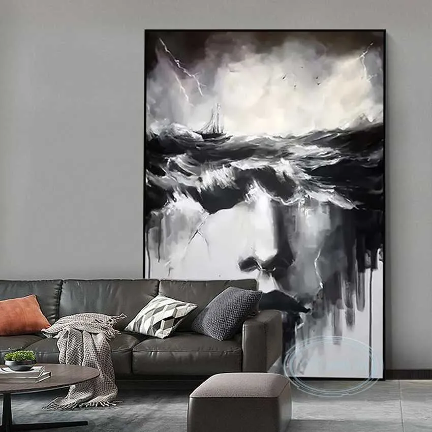 Grandes pinturas abstractas sobre lienzo en colores gris y blanco Arte