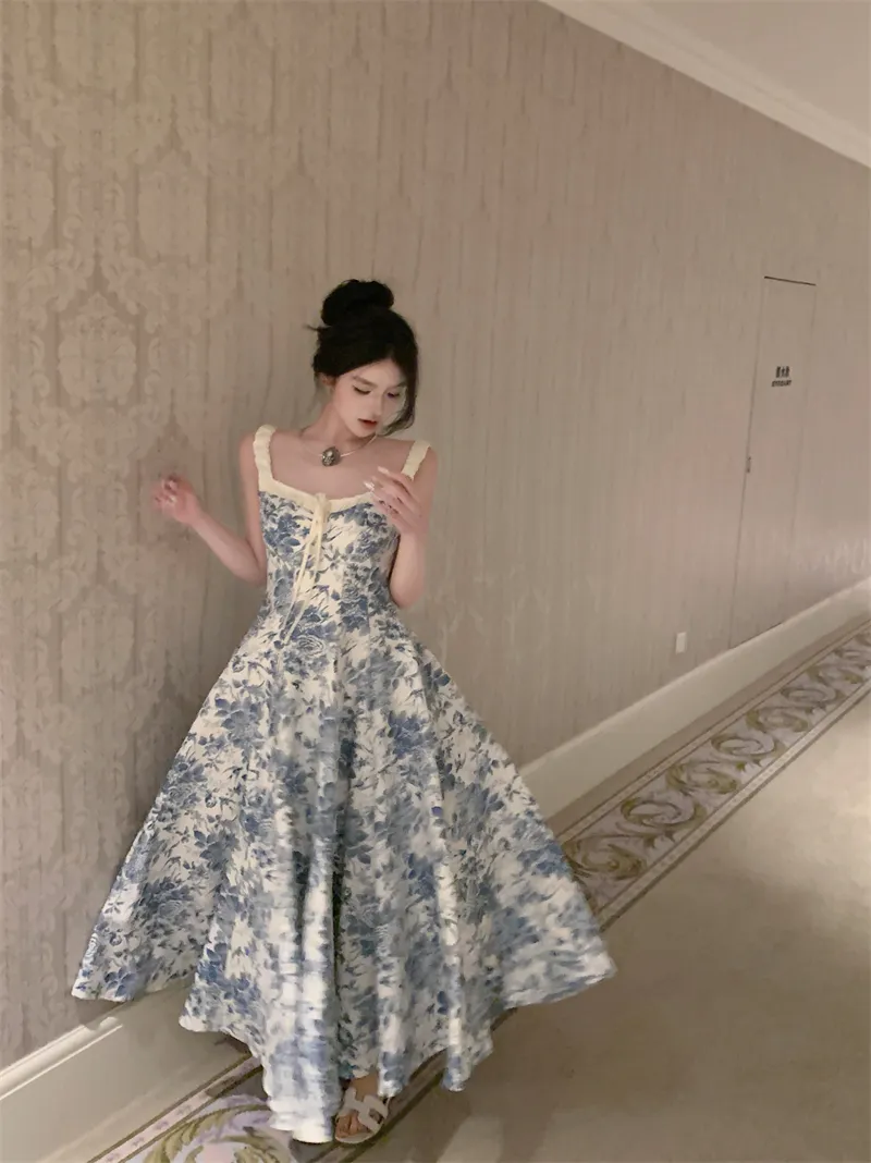 blue floral spaghetti strap dress Blue Spaghetti Straps A Line Long Floral Prom Dress, Blue / 18