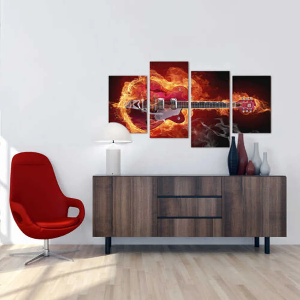 Abstract Guitar Canvas Art Set - Fire Red Musical Instrument Wall Decor ...