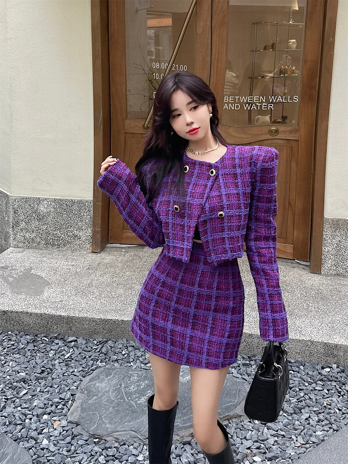Women s Purple Jacquard Plaid Tweed 2 Piece Set Short Jacket Bodycon Skirt