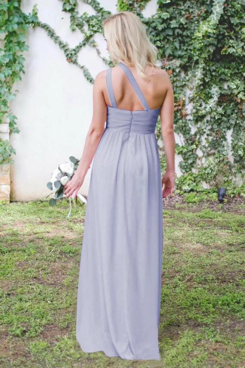 simple chiffon bridesmaid dress Dusty Blue Chiffon A Line V Neck Bridesmaid Dress PB170 main image 1