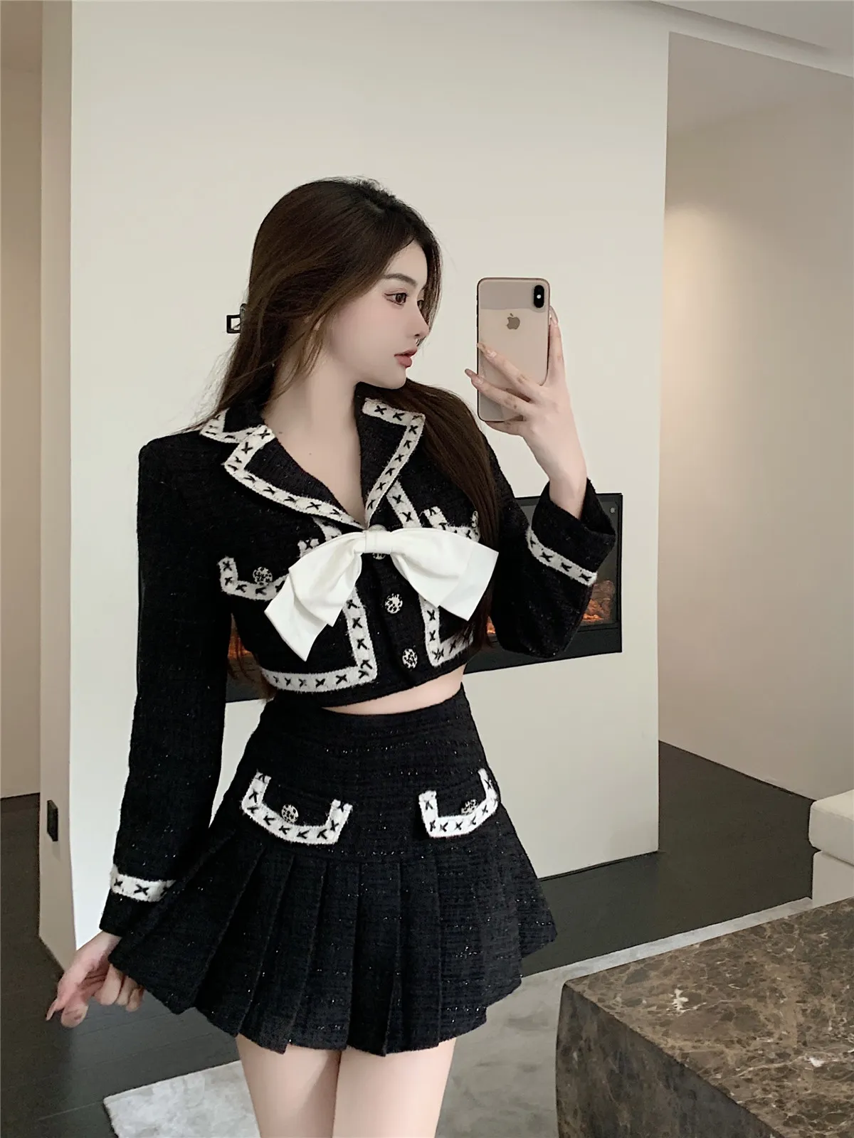 【Anyone more】Crew Jacket Skirt Two-Piece Skirt Winter Black Tweed textured crop Two Piece Set with Bowknot