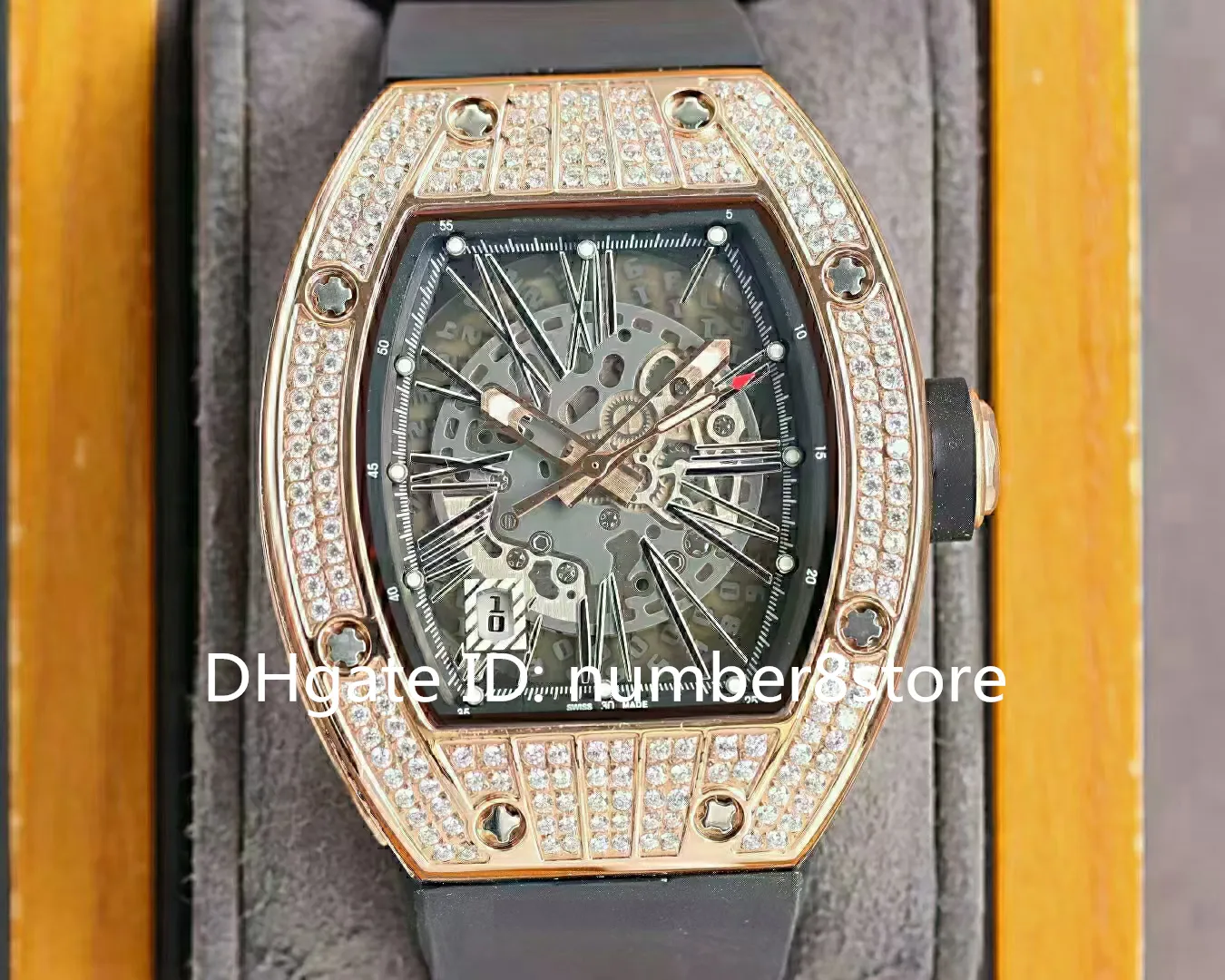 RM010 Diamond Luxury Mens Watch 18K Rose Gold Tonneau Sport