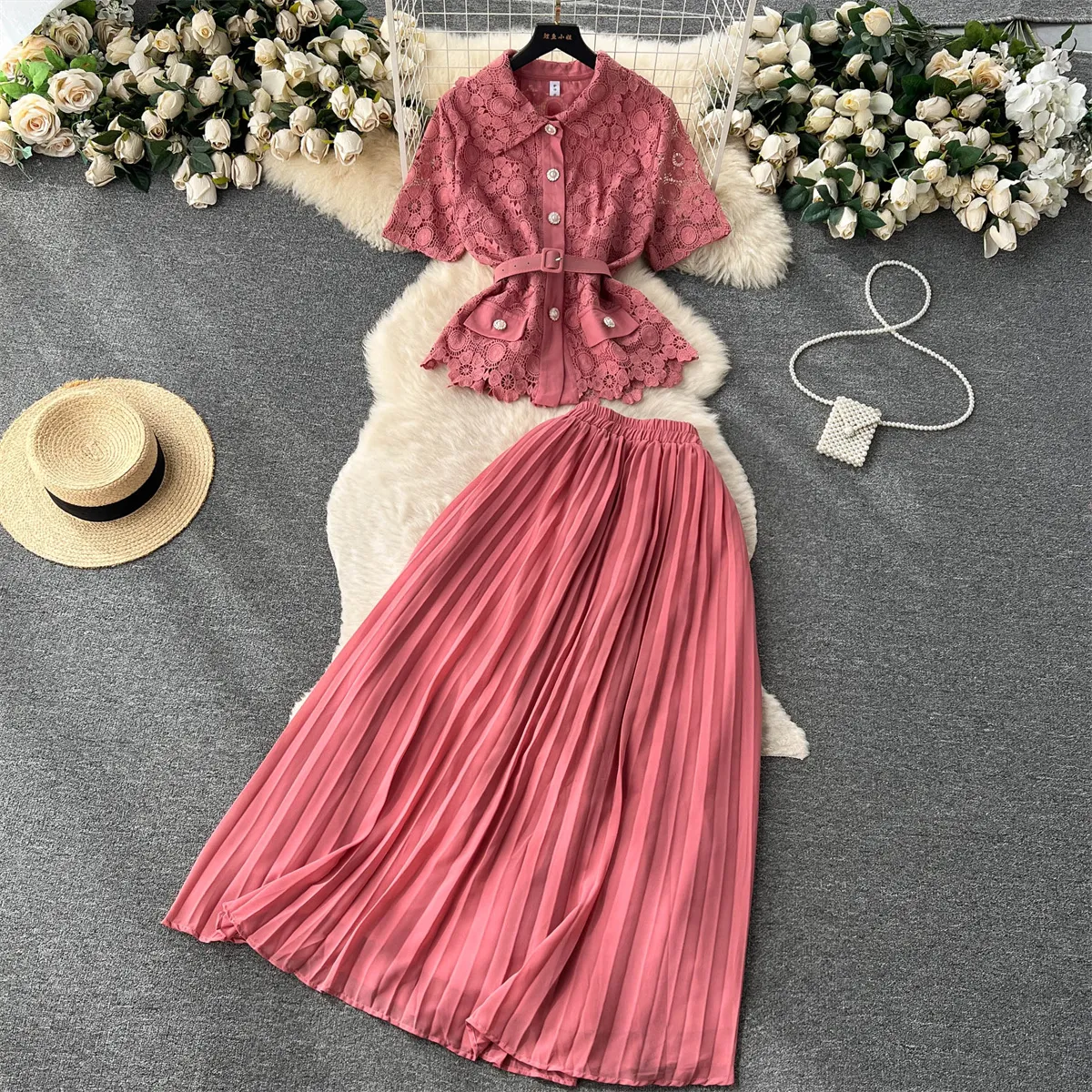 chinese dress ladies Floral Lace Top Pleated Skirt Tea Length Oriental Evening Dress Burgundy / L