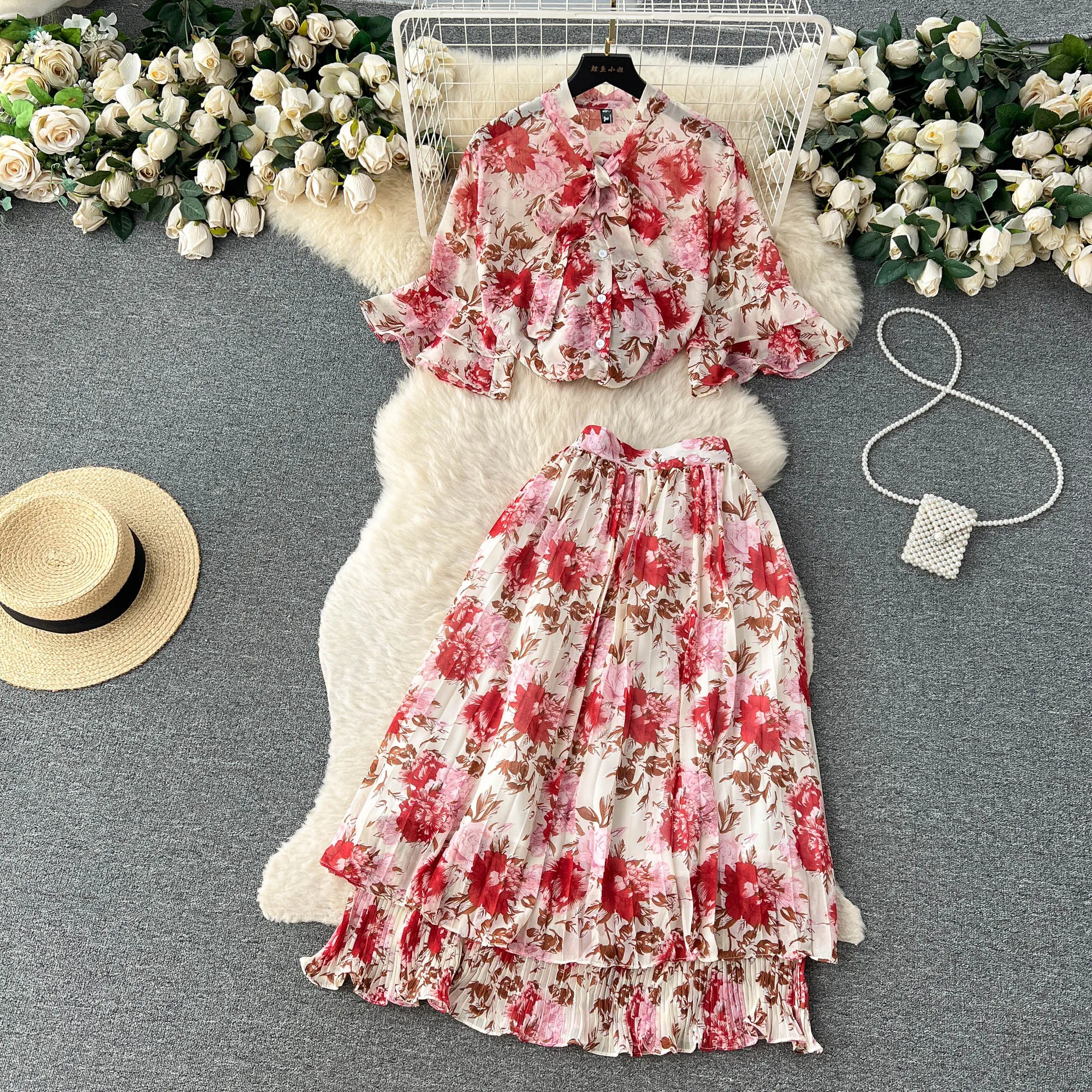 floral print flared sleeve pleated chiffon dress Light Pink Floral Chiffon Long Sleeve Maternity Maxi Dress main image 1