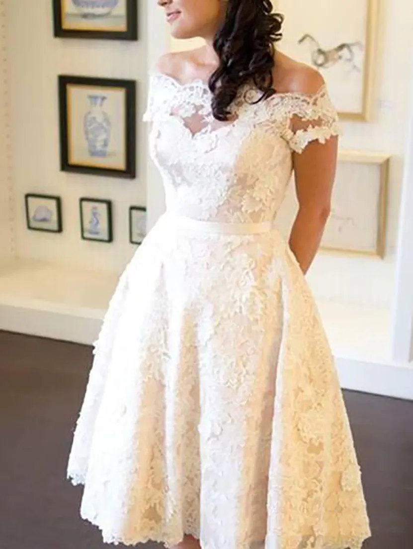 chiffon tea length straight neckline wedding dress ORION CASUAL SLEEVE DRESS IN BLUE