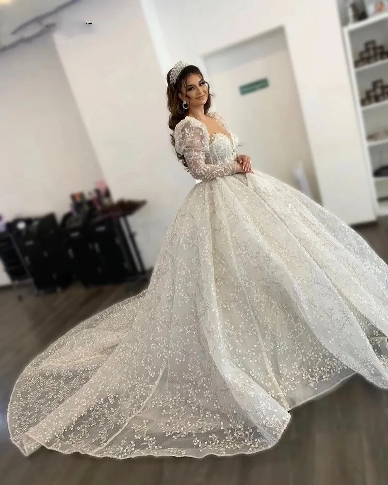 Floral Print Long Bishop Sleeve Bridal Gown High Split Chapel Train Ruched  Butterfly Elegant Fairytale Princess Wedding Dress