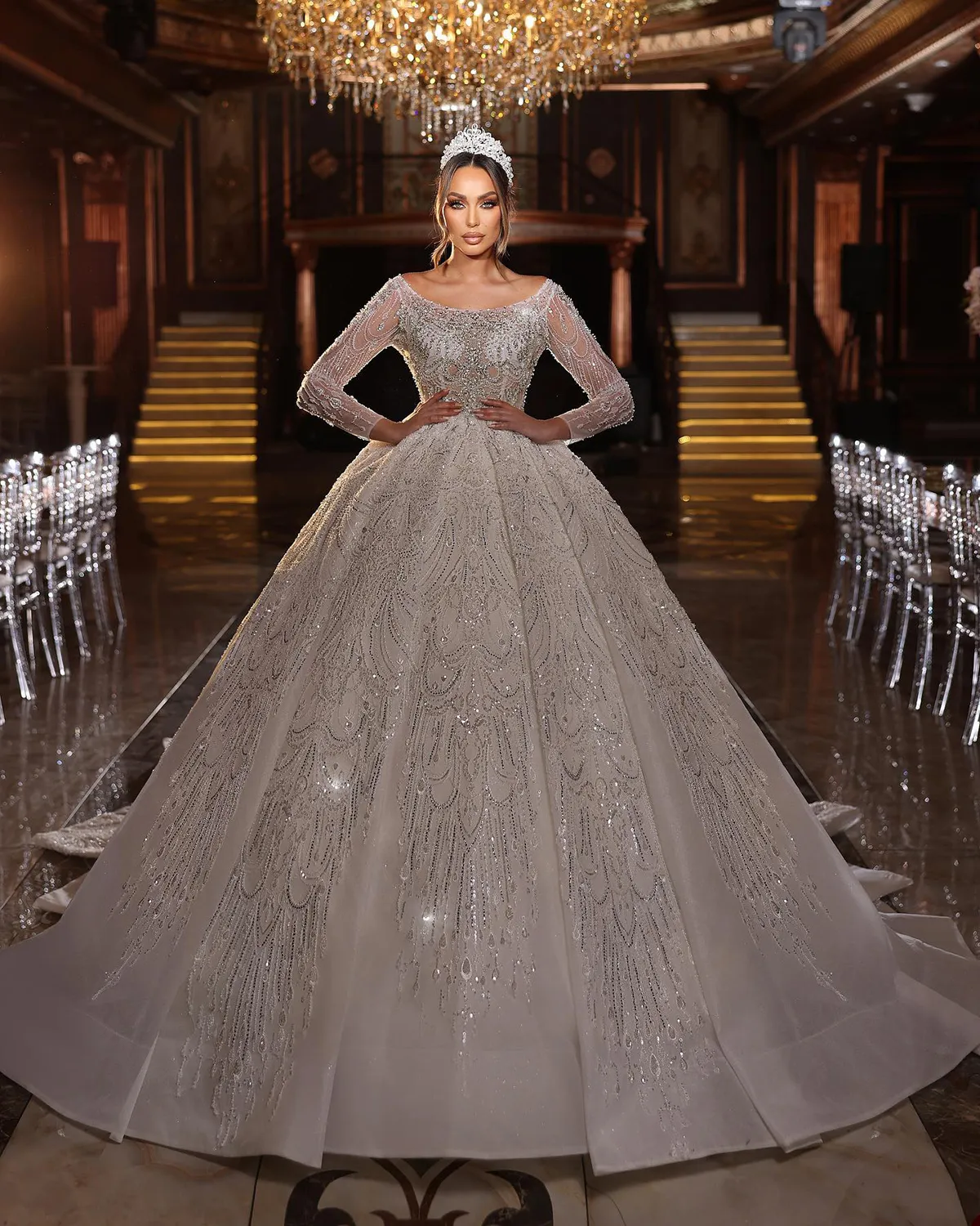 Long sleeve sequin wedding dress discount