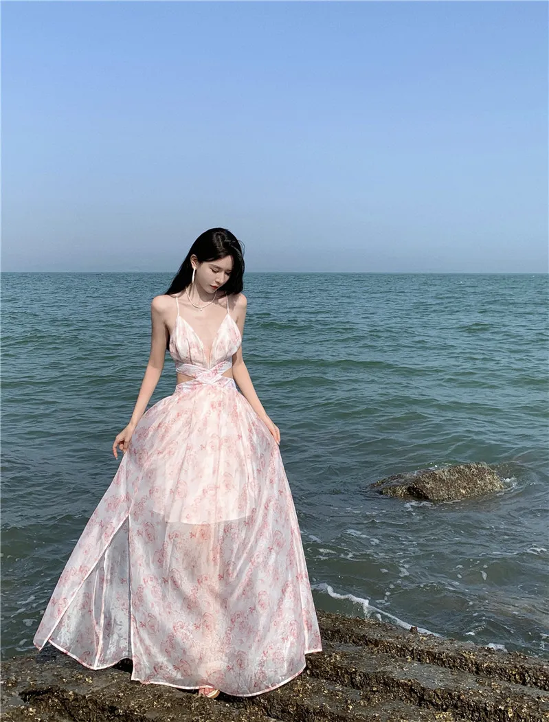 Elegant Womens Floral Chiffon Maxi Dress - Backless, High