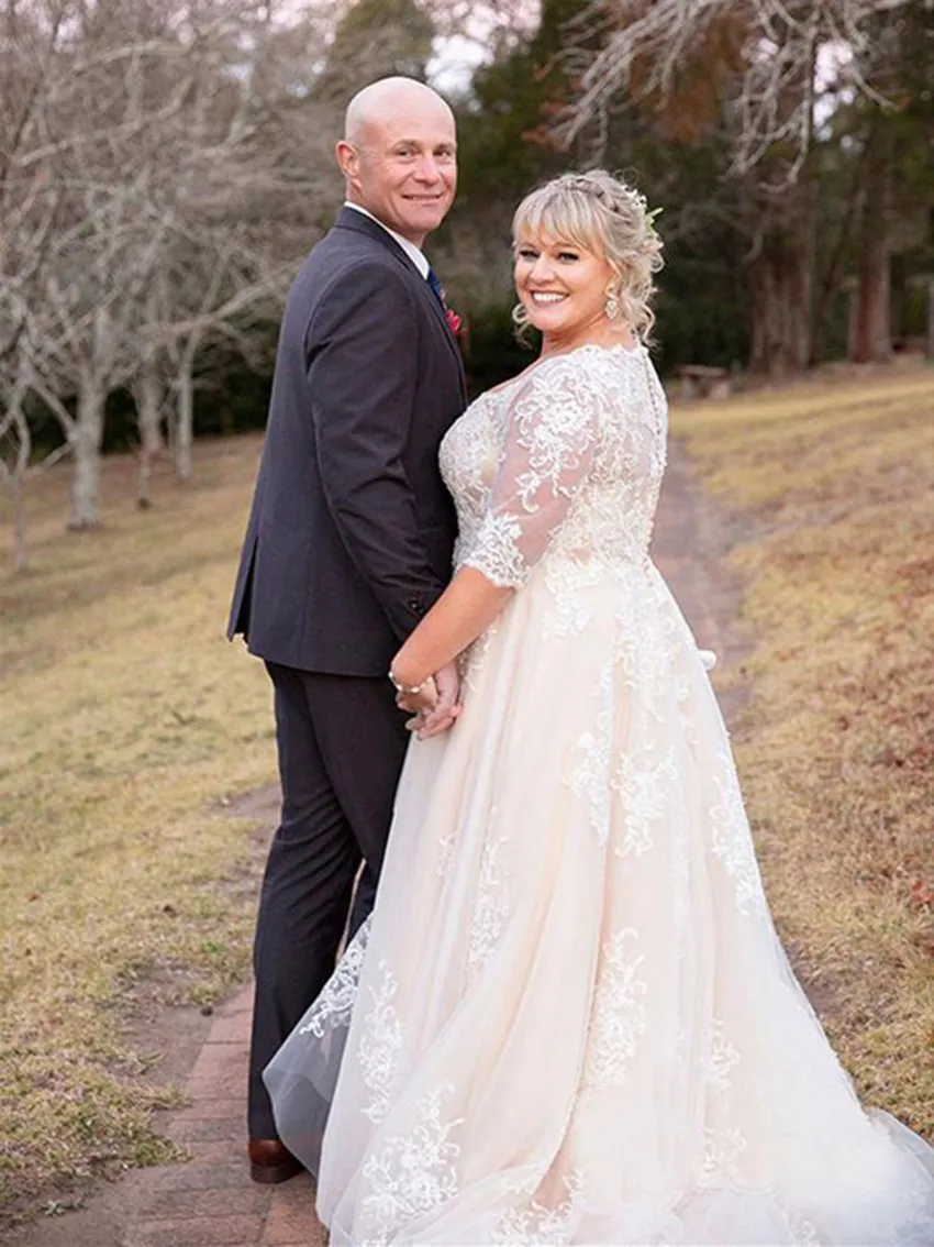 plus size boho wedding dress with sleeves A Line Tulle Lace Dresses Long Bridal W Hebebridal size boho wedding dress designed to flatter and flow in all the right places Customizable Half Sleeve A-Line long