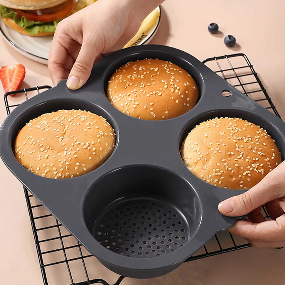 Nuovo Stampo per panini per hamburger in silicone Cottura per hamburger  Stampo per pane Stampo antiaderente Lavabile in lavastoviglie 4 cavità per