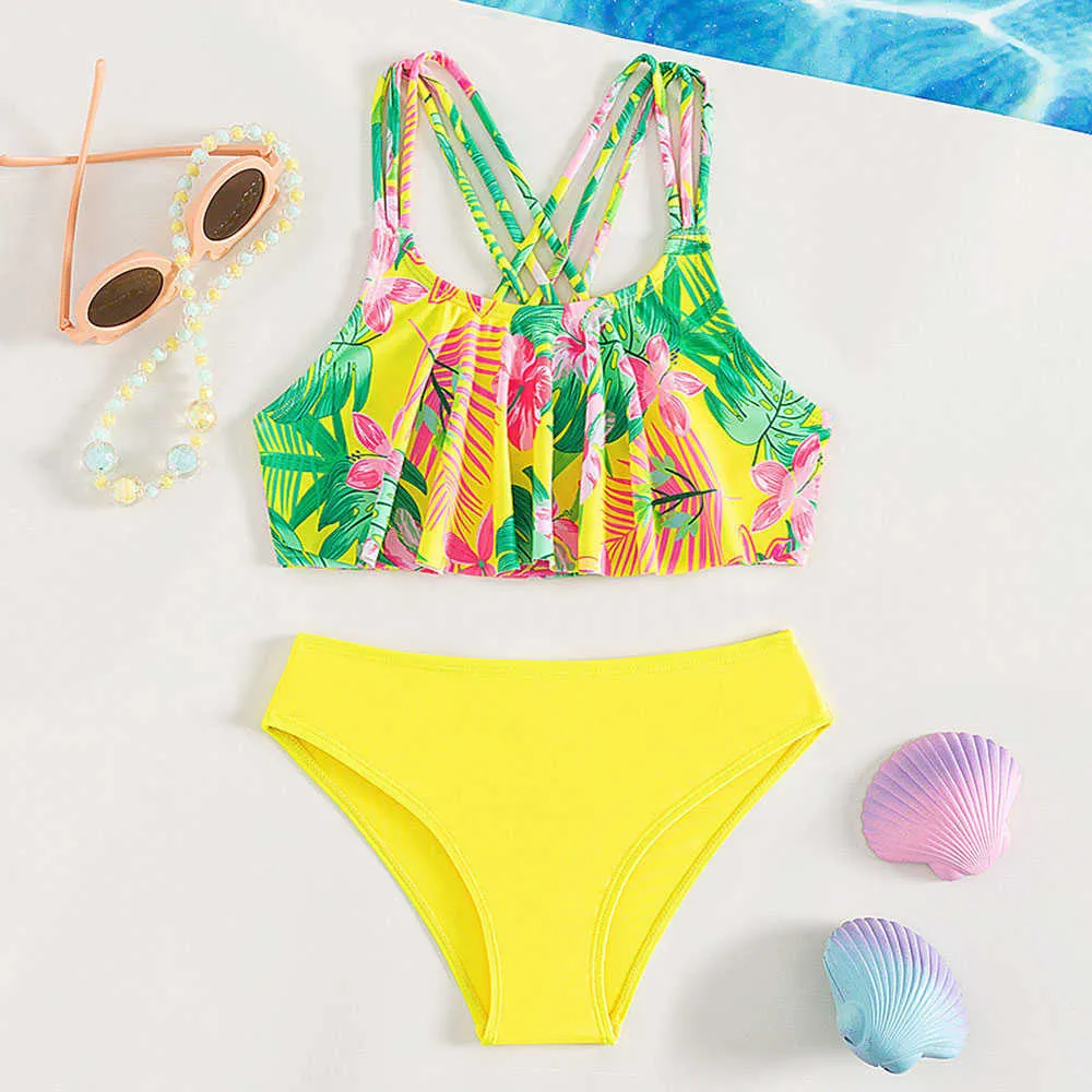 Solid Black Flounce Girls Two Piece Zaful Swimsuit Set With Tie Side