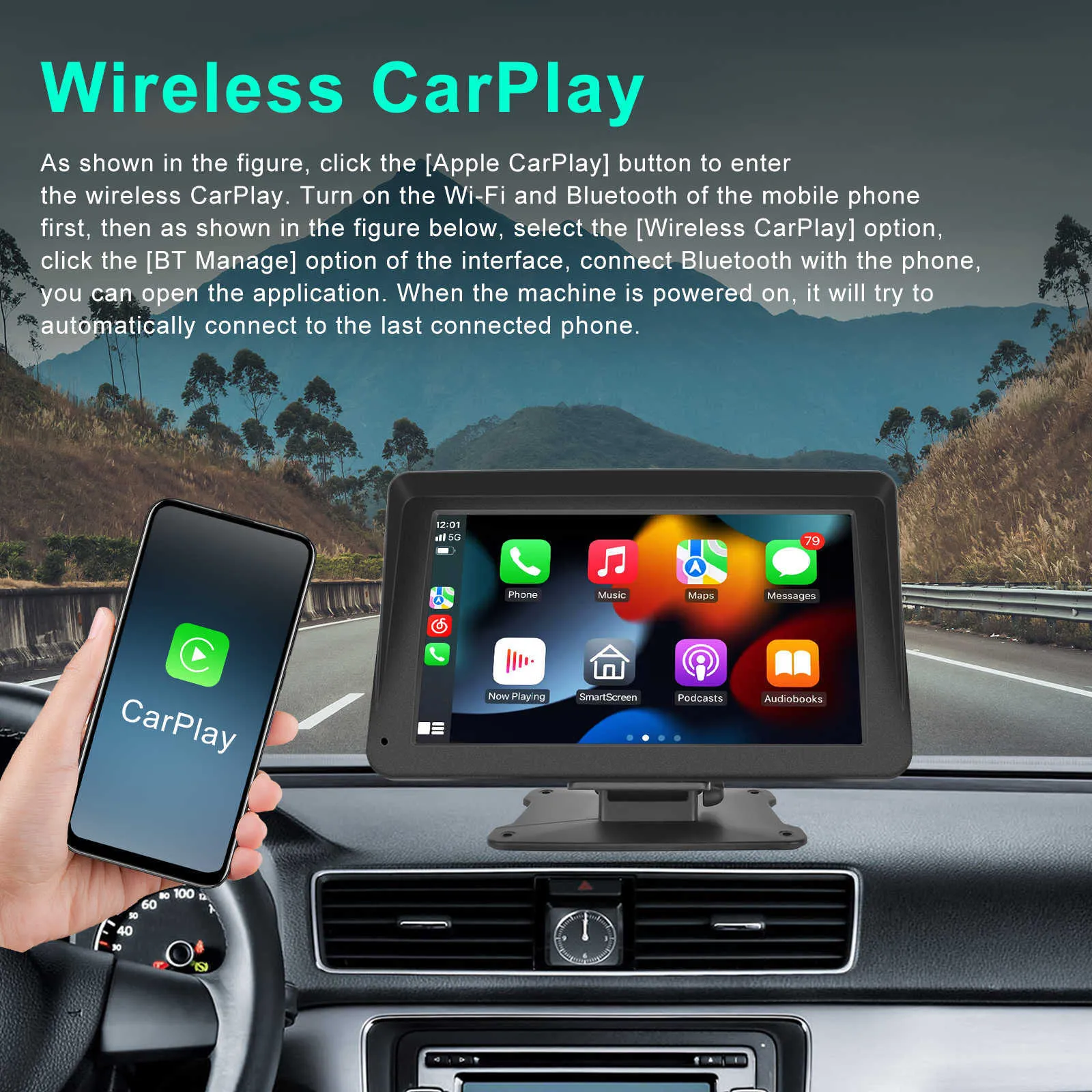 Podofo Dashcam Avant et Arriere, Bluetooth Sans Fil Carplay et