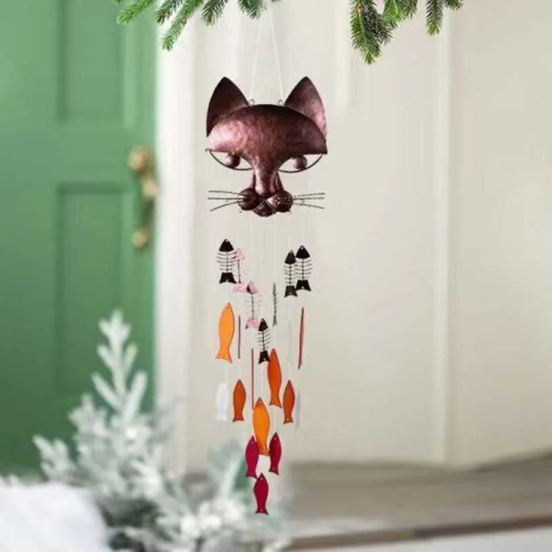 Handcrafted Metal Cat And Fish Wind Chime Perfect Home Outdoor