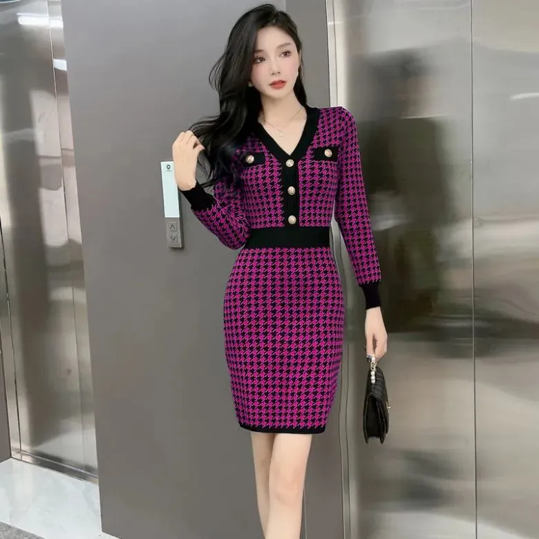 Basic Casual Dresses Women's Sexy V-Neck Knitted Sweater Dress New Autumn/Winter Korean Long Sleeve Slim Temperament Houndstooth Dresses 2024