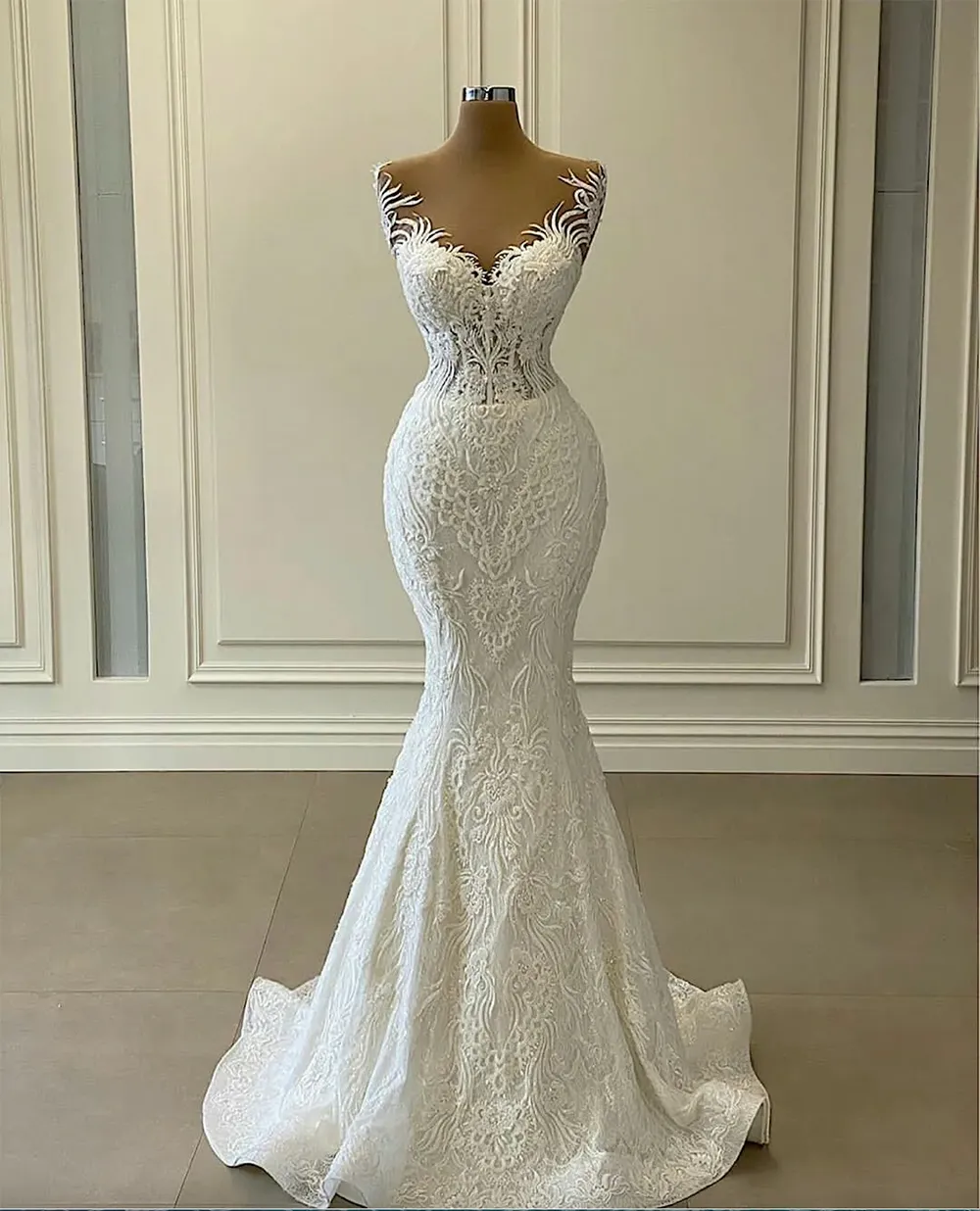 White Mermaid Wedding Dresses with Detachable Train Ruffles Lace Appliqued Bridal Gowns Plus Size Vestidos de novia 2023