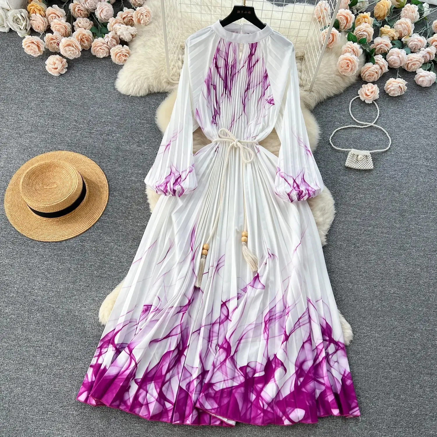 Basic Casual Dresses Large Swing Pleated Dress O-Neck Lantern Sleeve High Street Formal Dress Women Lace Up Belt Loose Robes Summer 2024