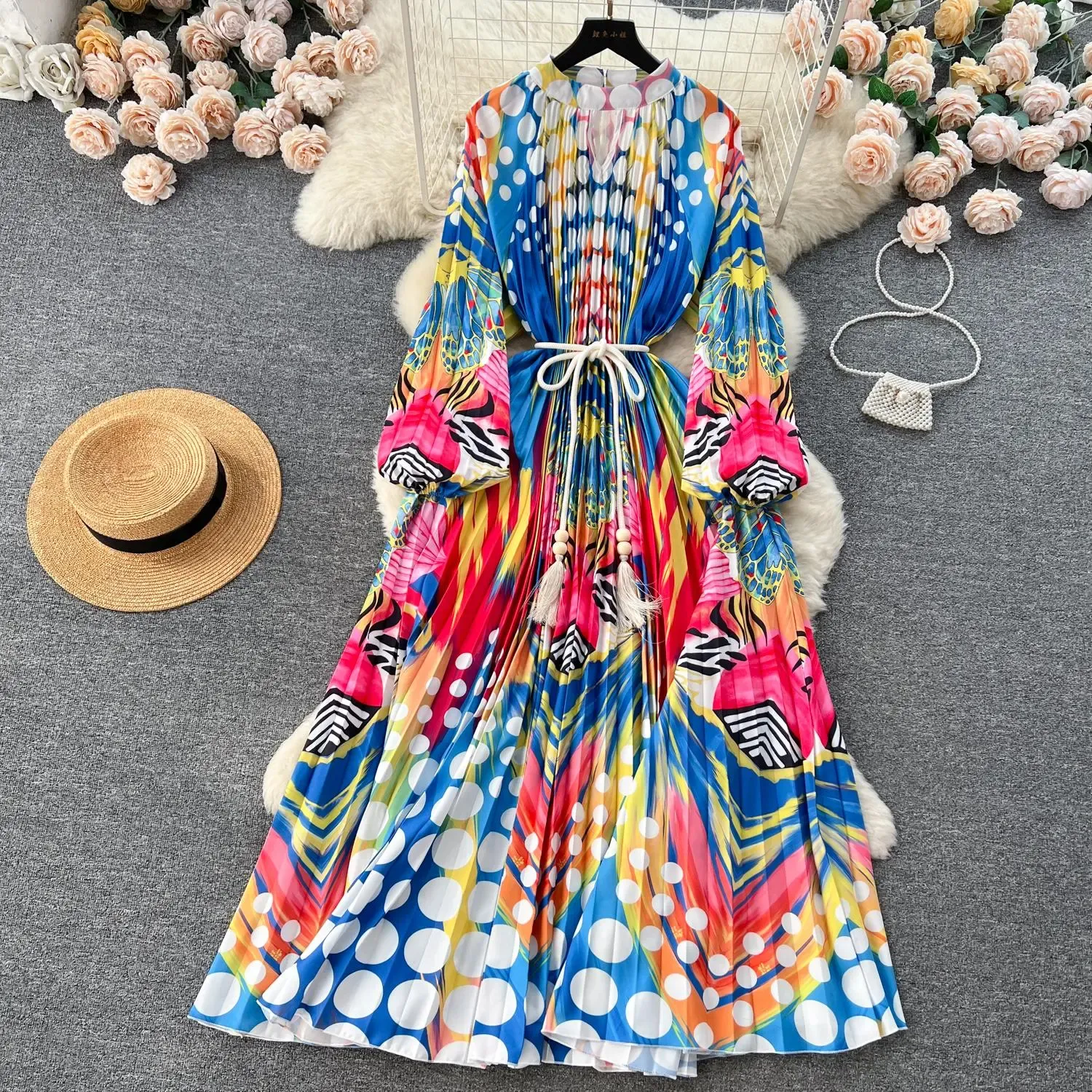 Basic Casual Dresses Large Swing Pleated Dress O-Neck Lantern Sleeve High Street Formal Dress Women Lace Up Belt Loose Robes Summer 2024