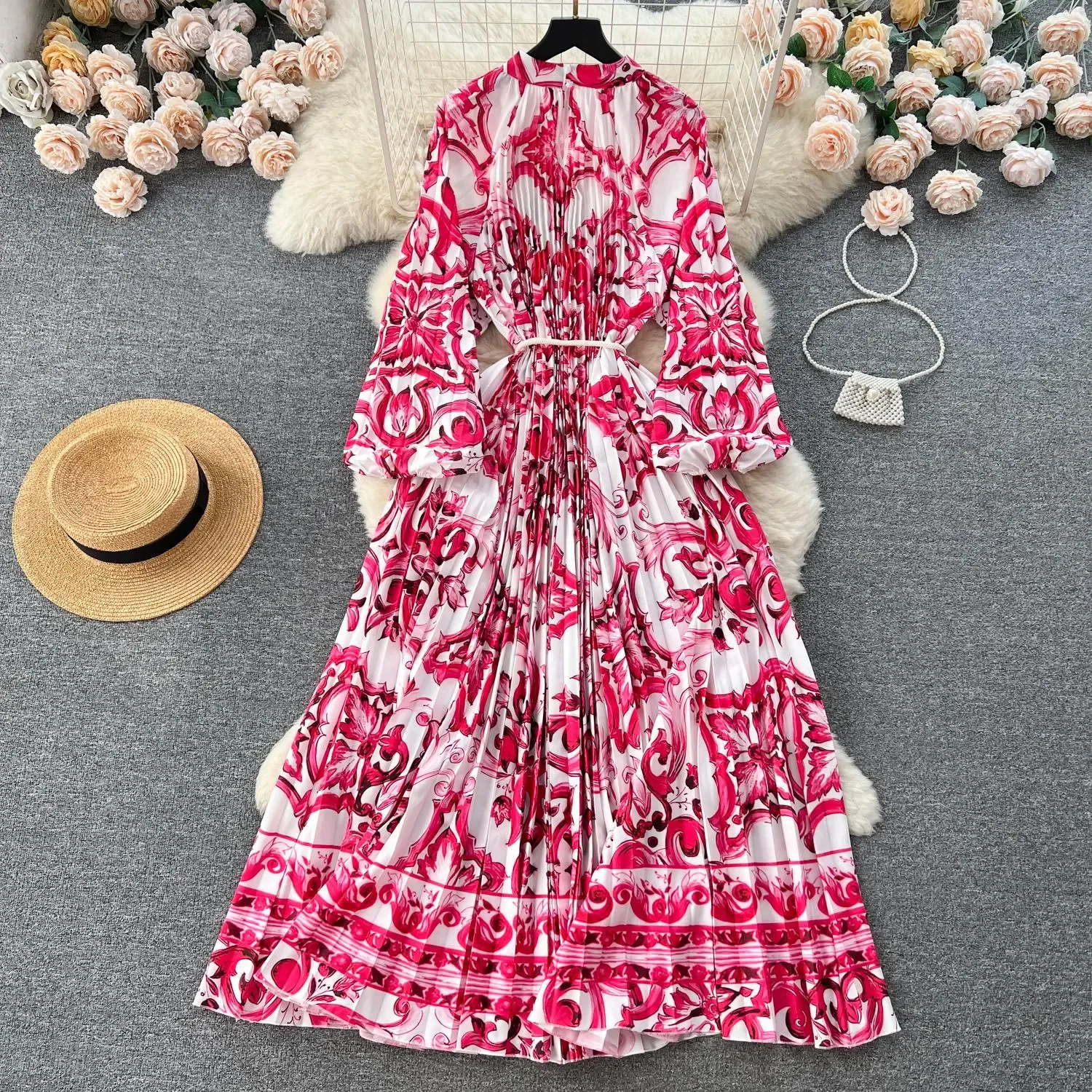 Basic Casual Dresses Large Swing Pleated Dress O-Neck Lantern Sleeve High Street Formal Dress Women Lace Up Belt Loose Robes Summer 2024