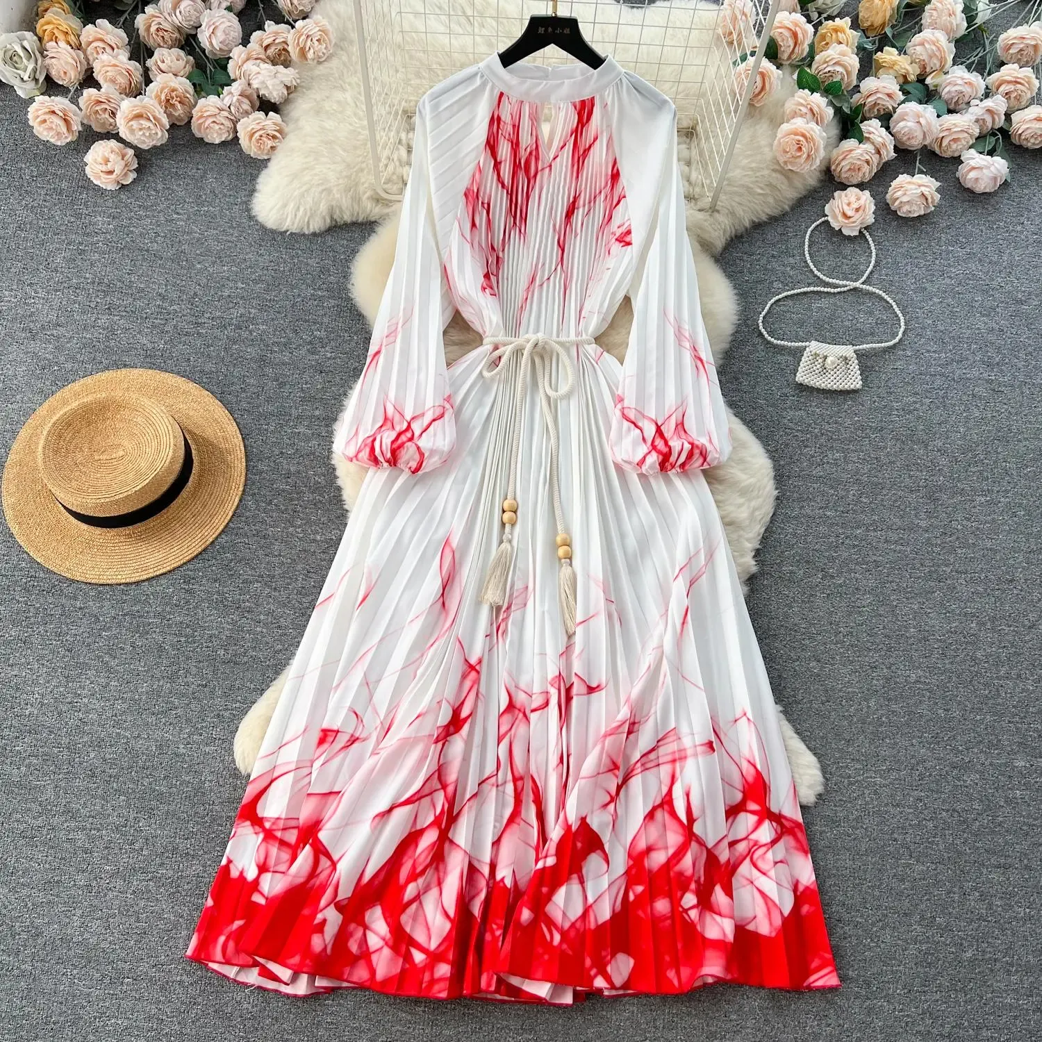 Basic Casual Dresses Large Swing Pleated Dress O-Neck Lantern Sleeve High Street Formal Dress Women Lace Up Belt Loose Robes Summer 2024