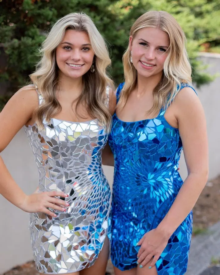 Cut Glass Mirror Homecoming Dress 2024 Square Neck Sleeveless Satin Mini Cocktail Party Prom Dress Silver Red Royal Blue