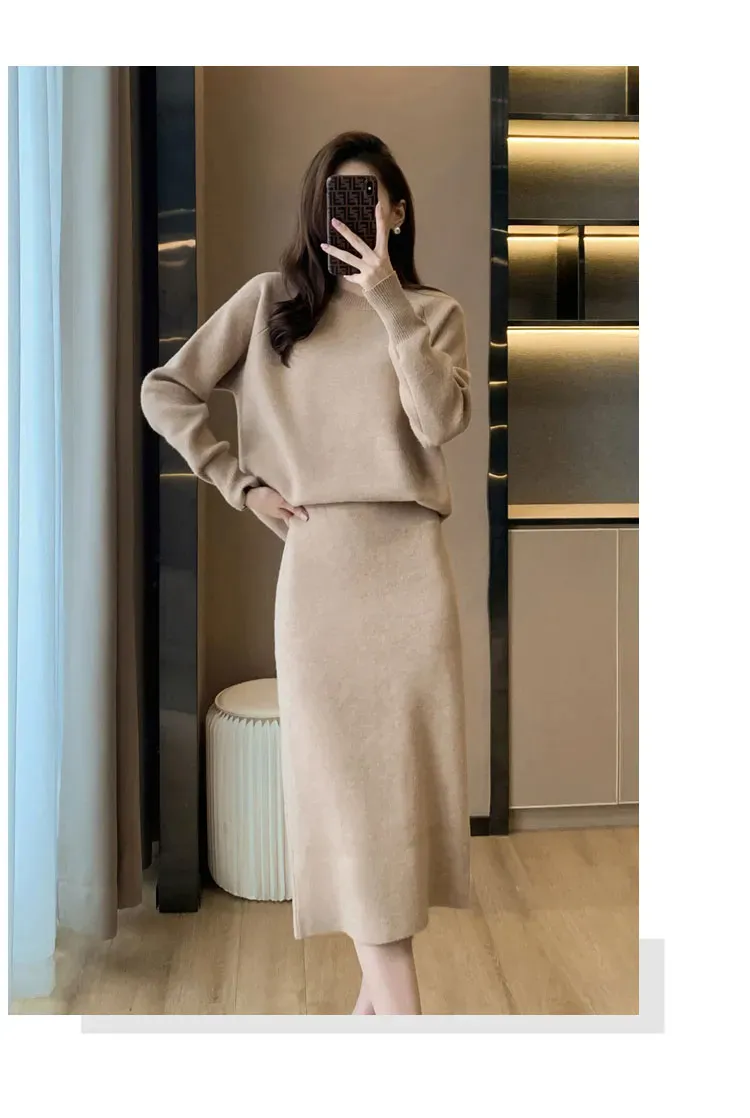 Two Piece Dress Set - Slim Soft Knitted Sweater & Skirt for Women - Elegant  Autumn Winter Fashion