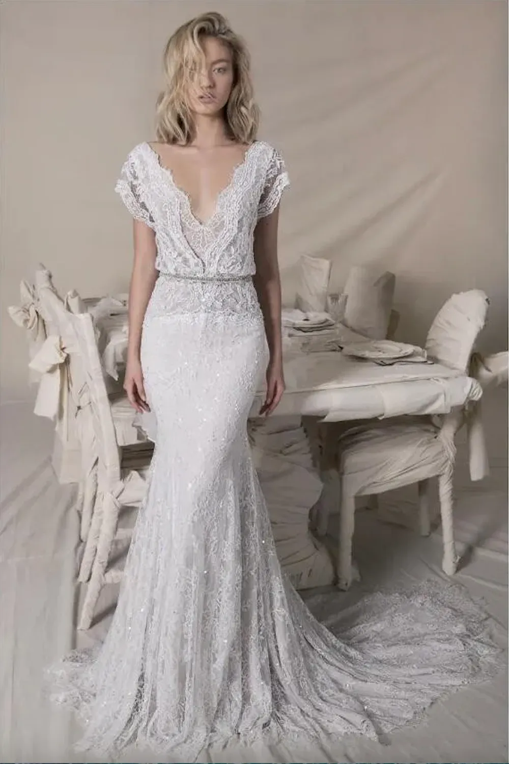 Lihi Hod 2023 Bohemian Beach Bridal Gown - V Neck Lace Sequined mermaid wedding dress with Short Sleeves (Vestido de Novia 0509)