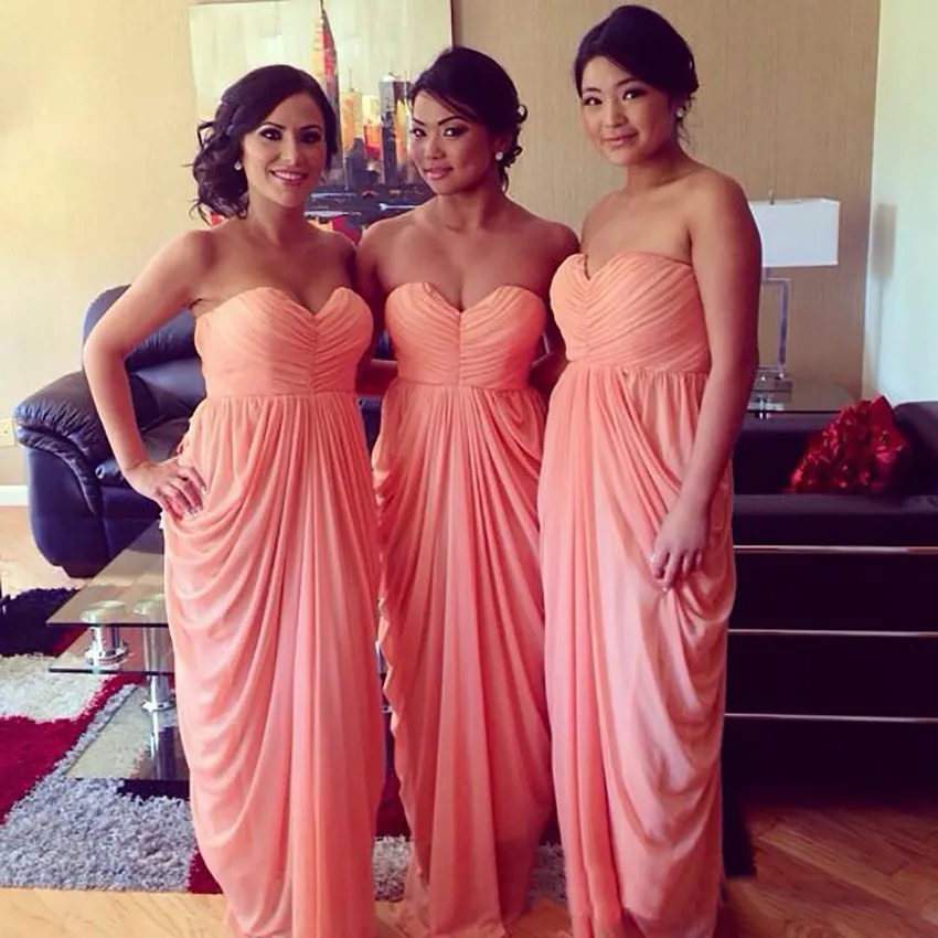 Exquisite Coral peach Coral bridesmaid dresses with Sweetheart Neckline, Chiffon Ruffles, and Blush Accents - Perfect for Formal Parties and Weddings