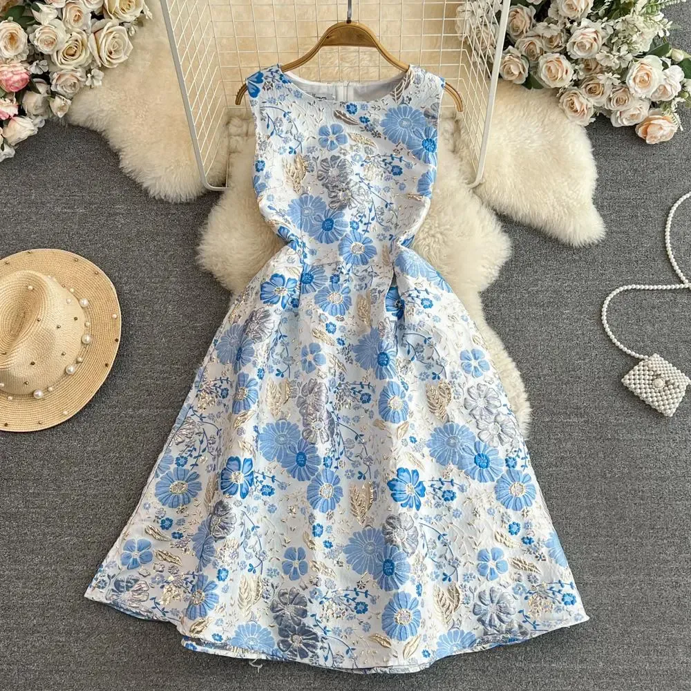 Basic Casual Dresses Women Vintage Elegant Flower Jacquard A Line Knee Length Dress Lady Summer Autumn Ball Gowns Party Dresses Vestidos Retro 2024