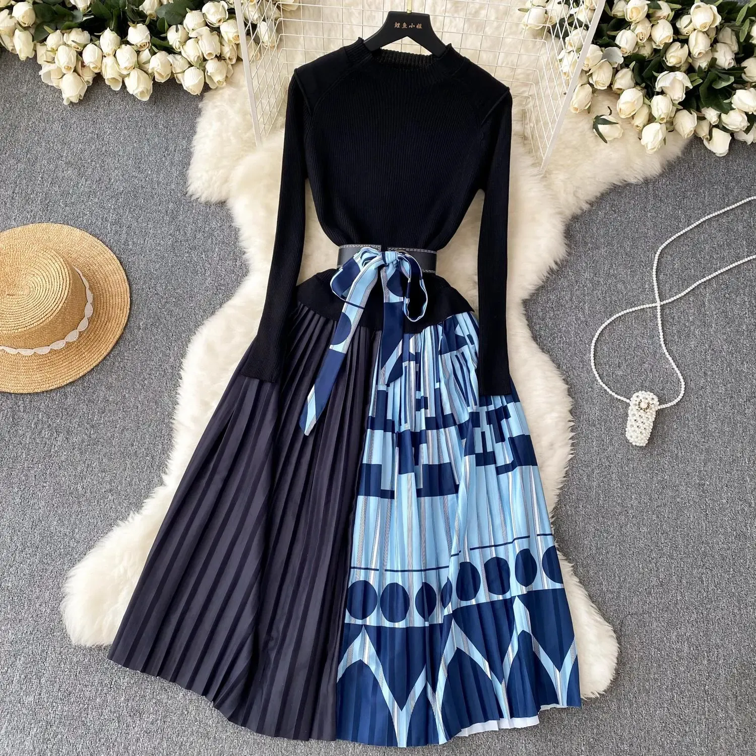 Basic Casual Dresses Women - Knitted Pullover Sweater Dress with Patchwork  Pleats, O-Neck Long Sleeve, Sashes for Autumn Winter Office