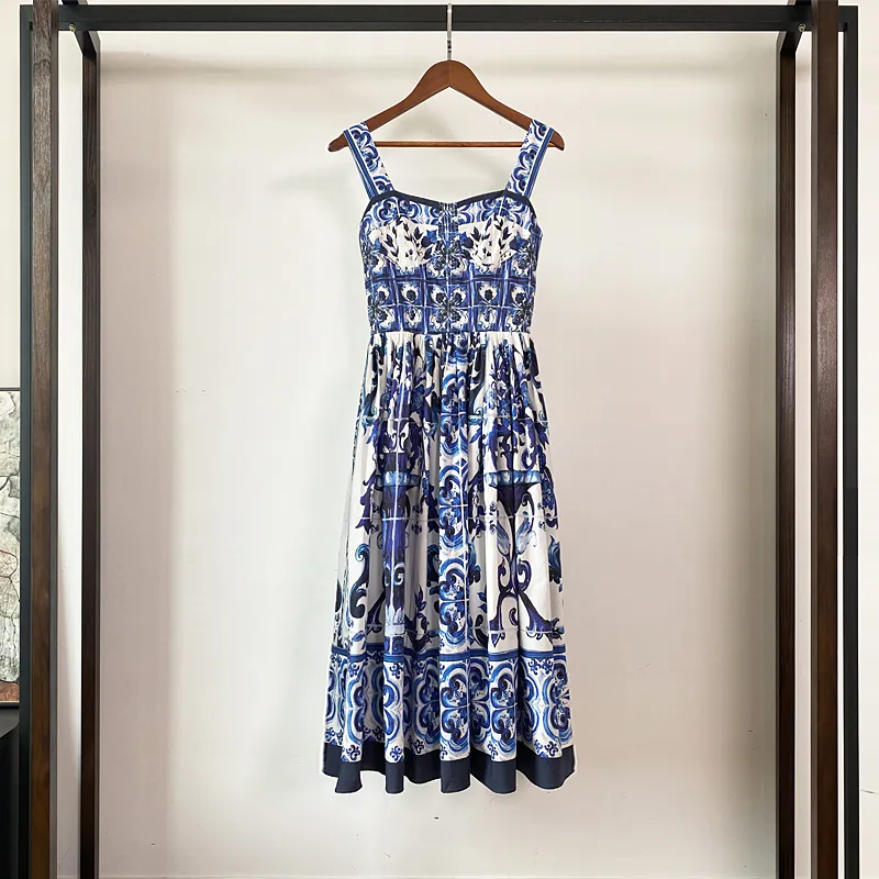 Summer Hoiday Red Bue And White Porcelain Flower Print Cotton Blue And Black Dress For Women Spaghetti Strap Zipper Closure Elastic Backless Midi Vestidos 2024 From Xiongstore 34.18 In Bulk DHgate.Com