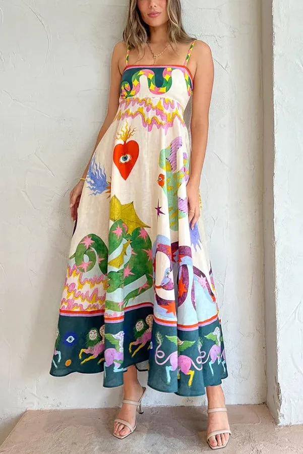 2023 Australian Designer Fancy Women s Long Dress Abstract Pattern Gathered Waist Sleeveless Halter Print Sleeveless Swing Dress