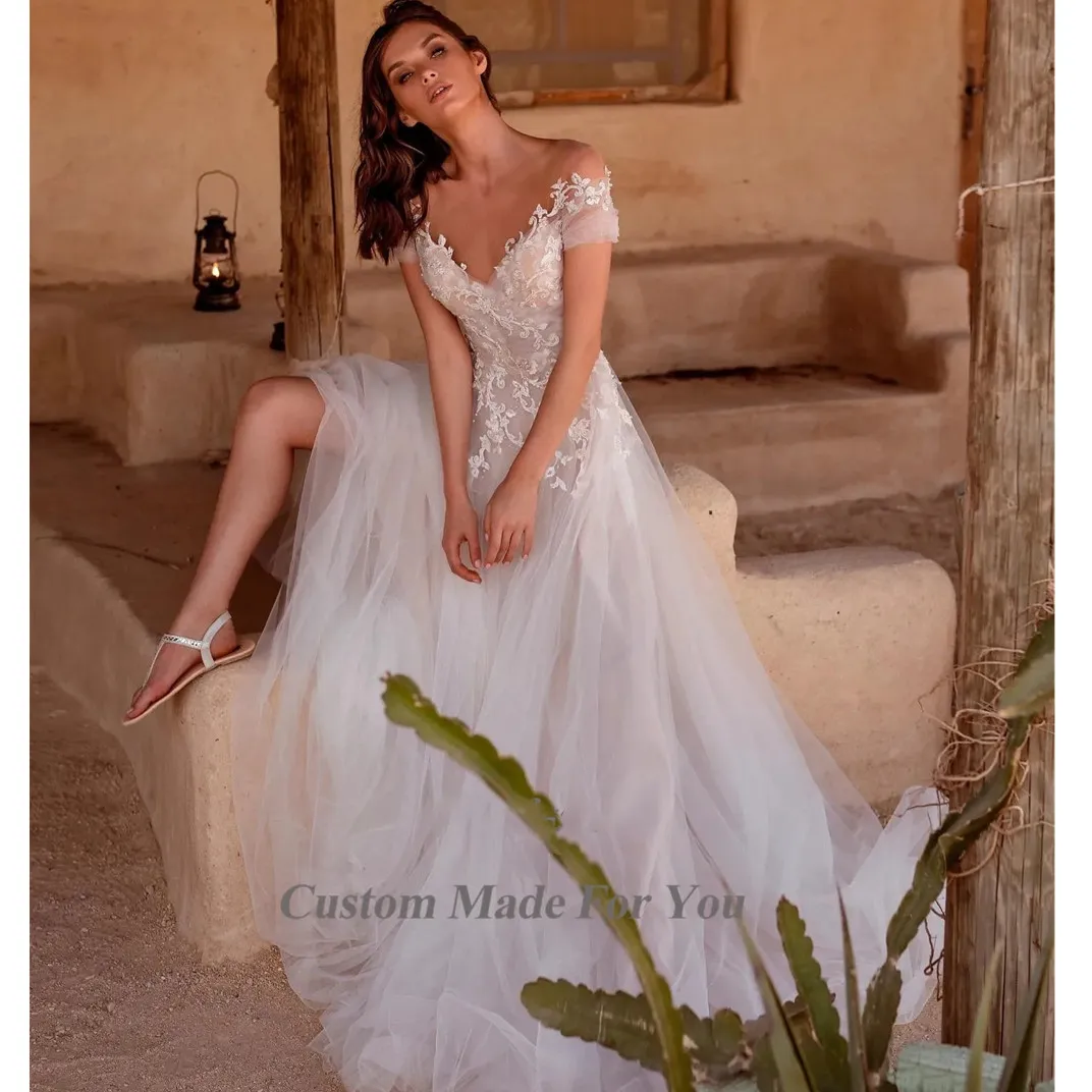 Vestido De Novia Largo En Tul Y Encaje – Palabra De Honor, Manga Corta Y Botones Traseros, Talla 44