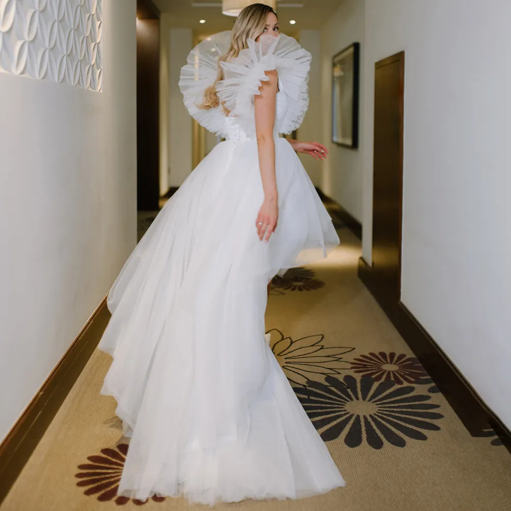 Flare Pleated Sleeves V-Neck High Low Tulle filipiniana wedding gown with Backless and Lace-Up Back