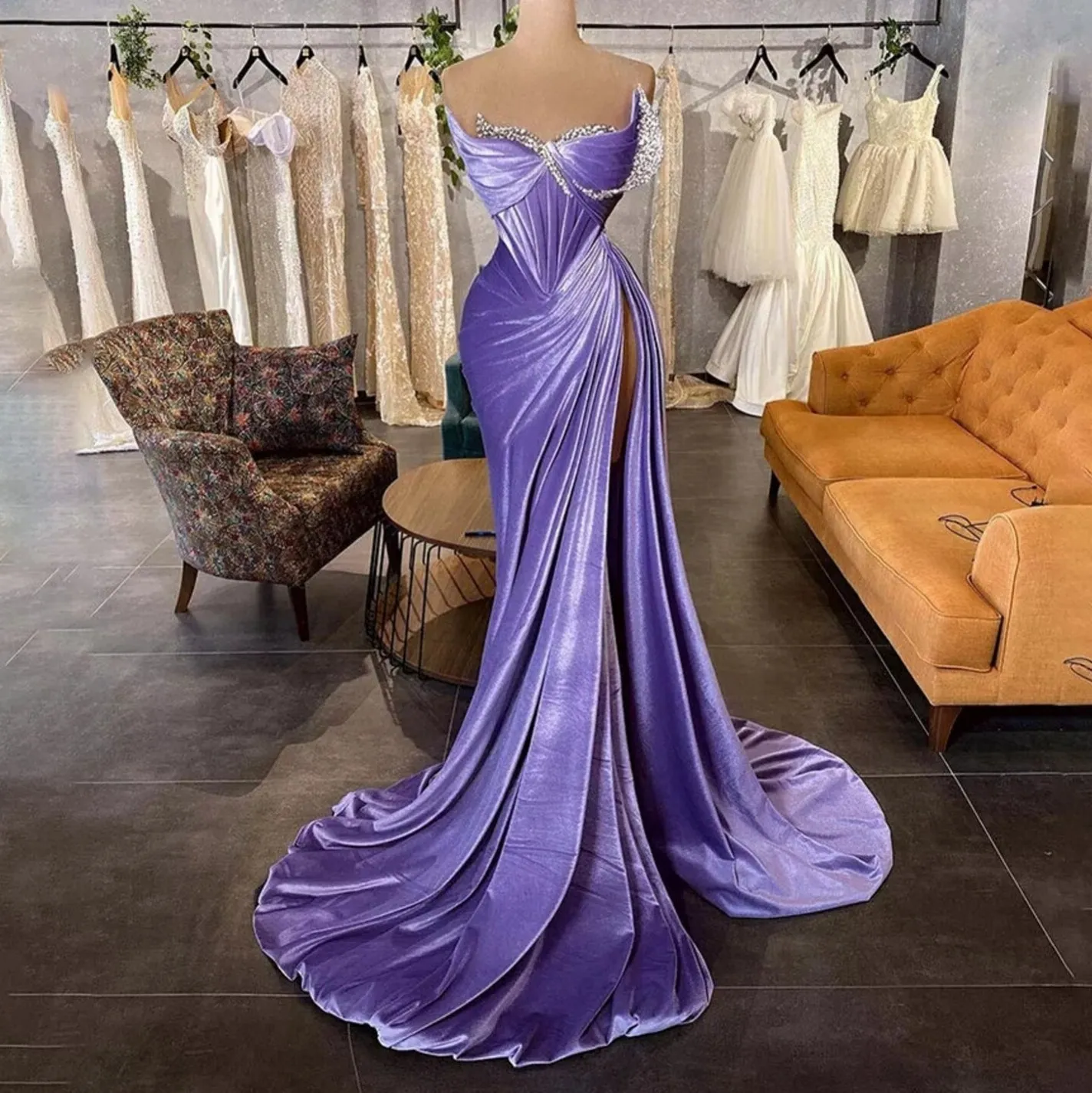 chinese dress ladies Strapless Sheer-Corset Mermaid Prom Dress