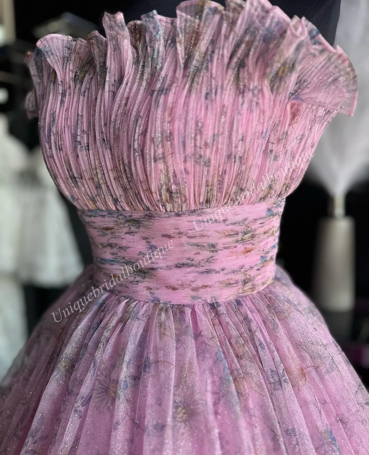 Pink Print Ruffle Trim Robe Magenta Prom Dress: Pink Print Ruffle Ball Gown High Empire Waist ...