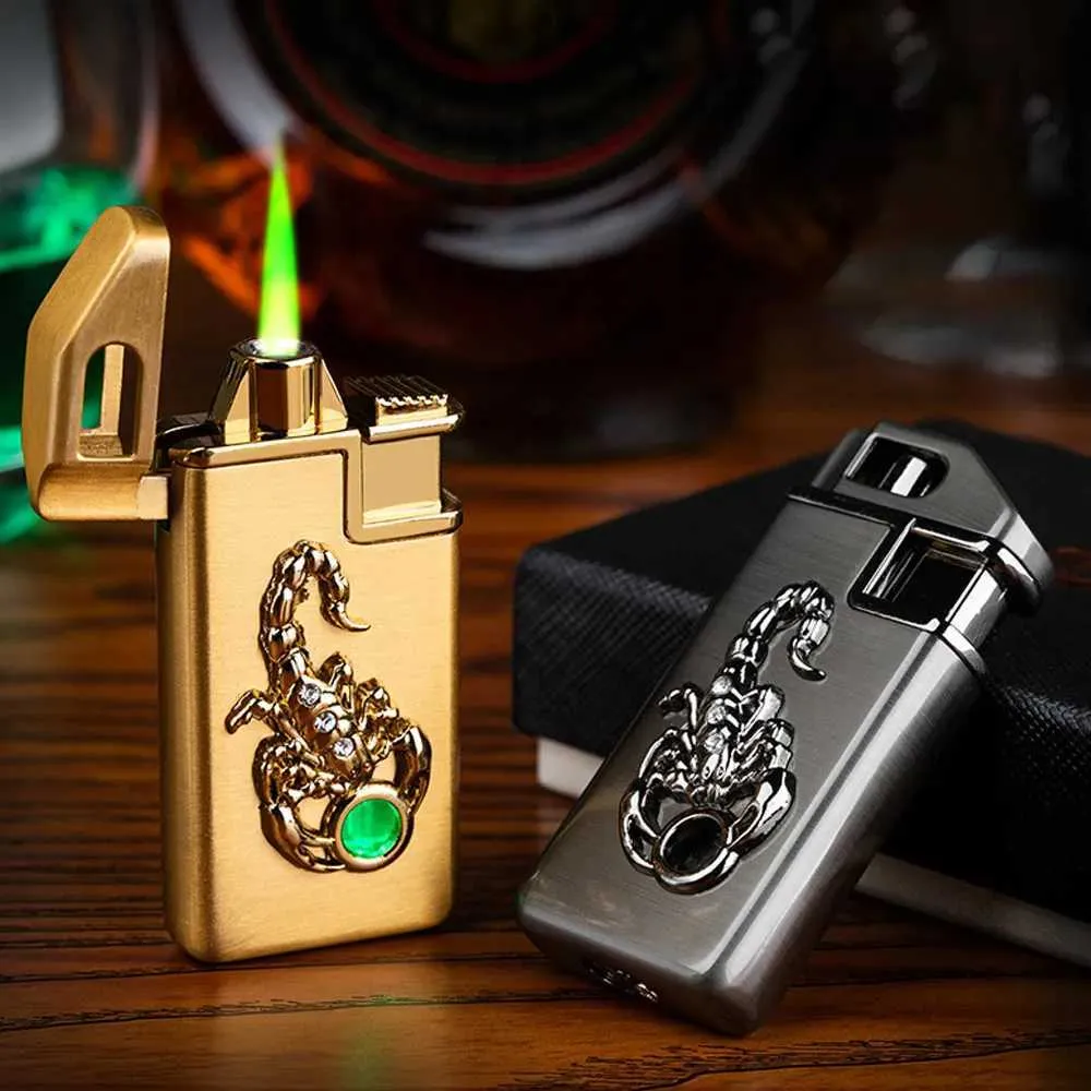 Lighters Embossed Scorpion Torch Lighter Turbo Butane No Gas Jet Smoke Pipe Cigarette Lighter Cigar Windproof Outdoor Open Fire Lighter JL6O