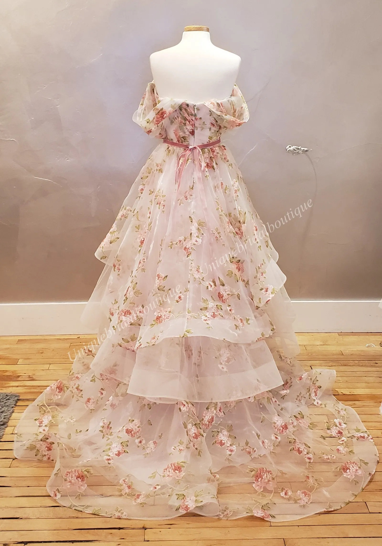 Celestial inspired Floral Wedding Dress 2024 Off Shoulder Ruffles Blush Pink Organza Bridal Ceremony Rehearsal Reception Engagement Party Night Dance