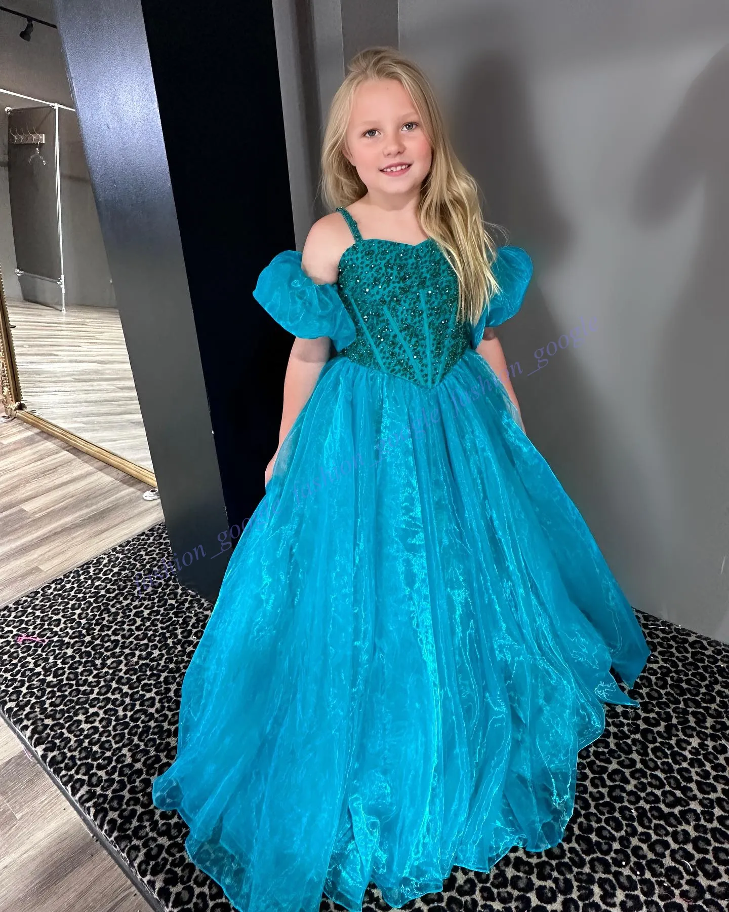 Iridescent Pageant Dress 2024 Organza Puff Sleeves Beaded Toddler to Teen Gown