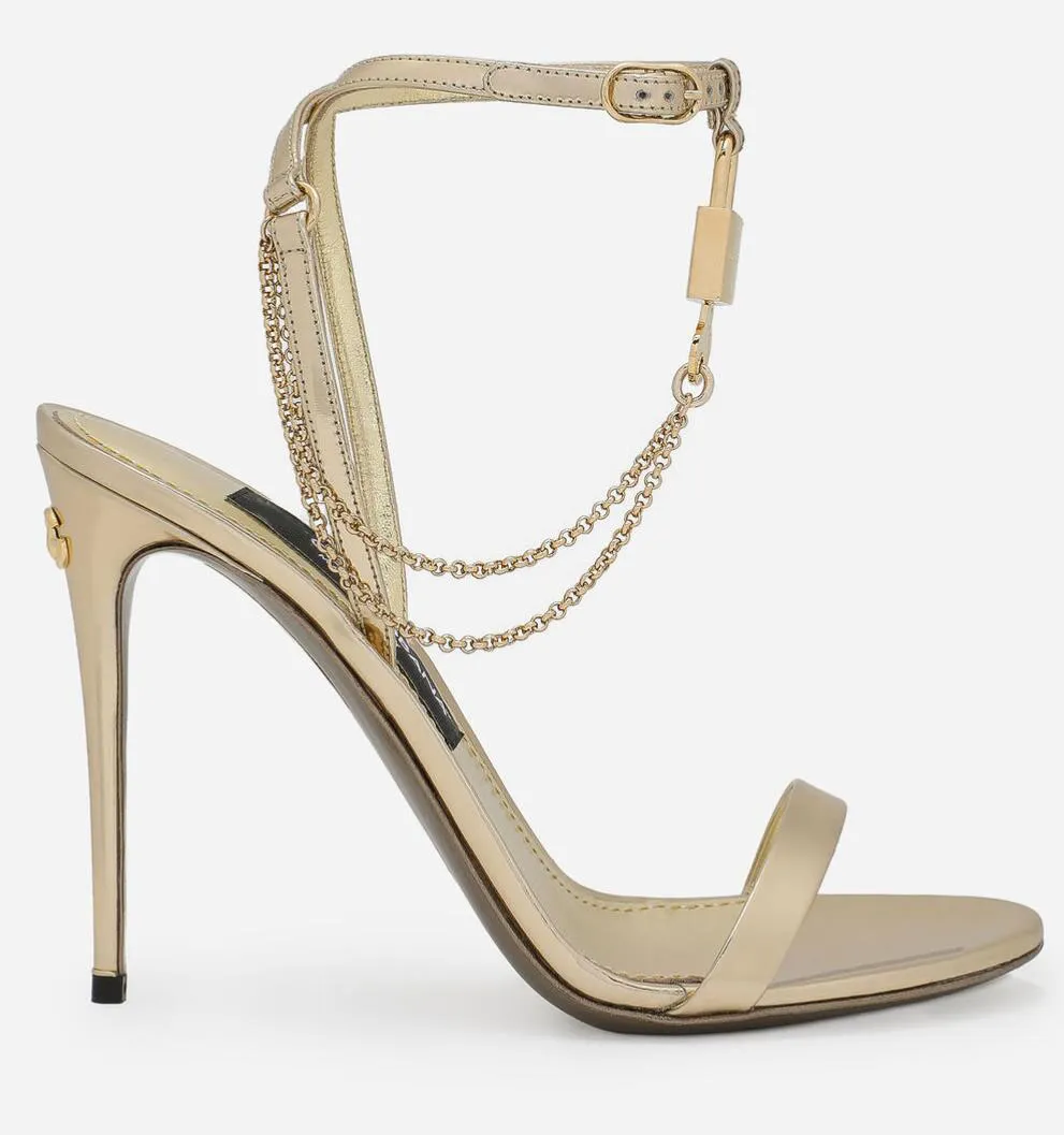 Elegant Brand Women Keira Sandals Shoes Black Gold Patent Leather Charm embellished Chain Key Lock High Heels Lady Party Wedding Dress Lady Walking