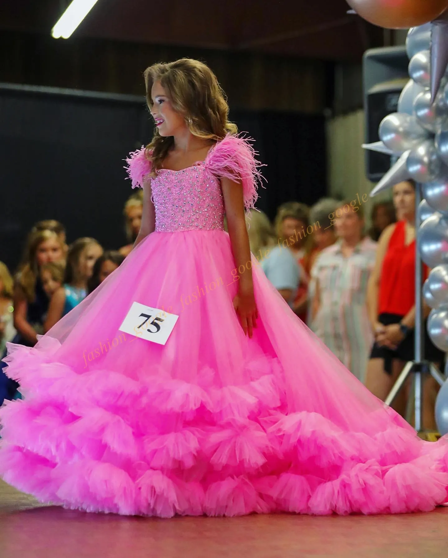 Bubblegum Girl Pageant Dress 2024 Aqua Tulle Feathers Crystals Fun Fashion