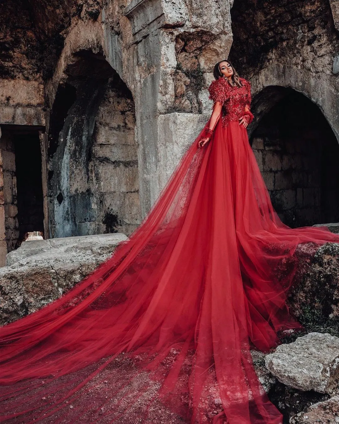 Red Lace line a wedding dress with Capped Long Sleeves, Appliques, Beads, and Sweep Train Red Lace line a wedding dress with Capped Long Sleeves, Appliques, Beads, and Sweep Train