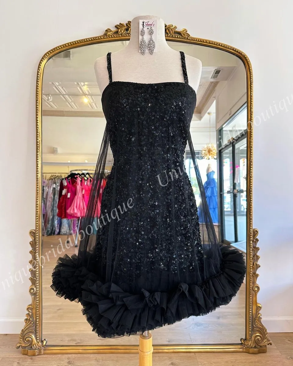 Little Black 2k24 Ruched shoulder princess bodice Cocktail Dress with Short Sequin for NYE, Homecoming, Graduation, Formal Events, Weddings, Parties,