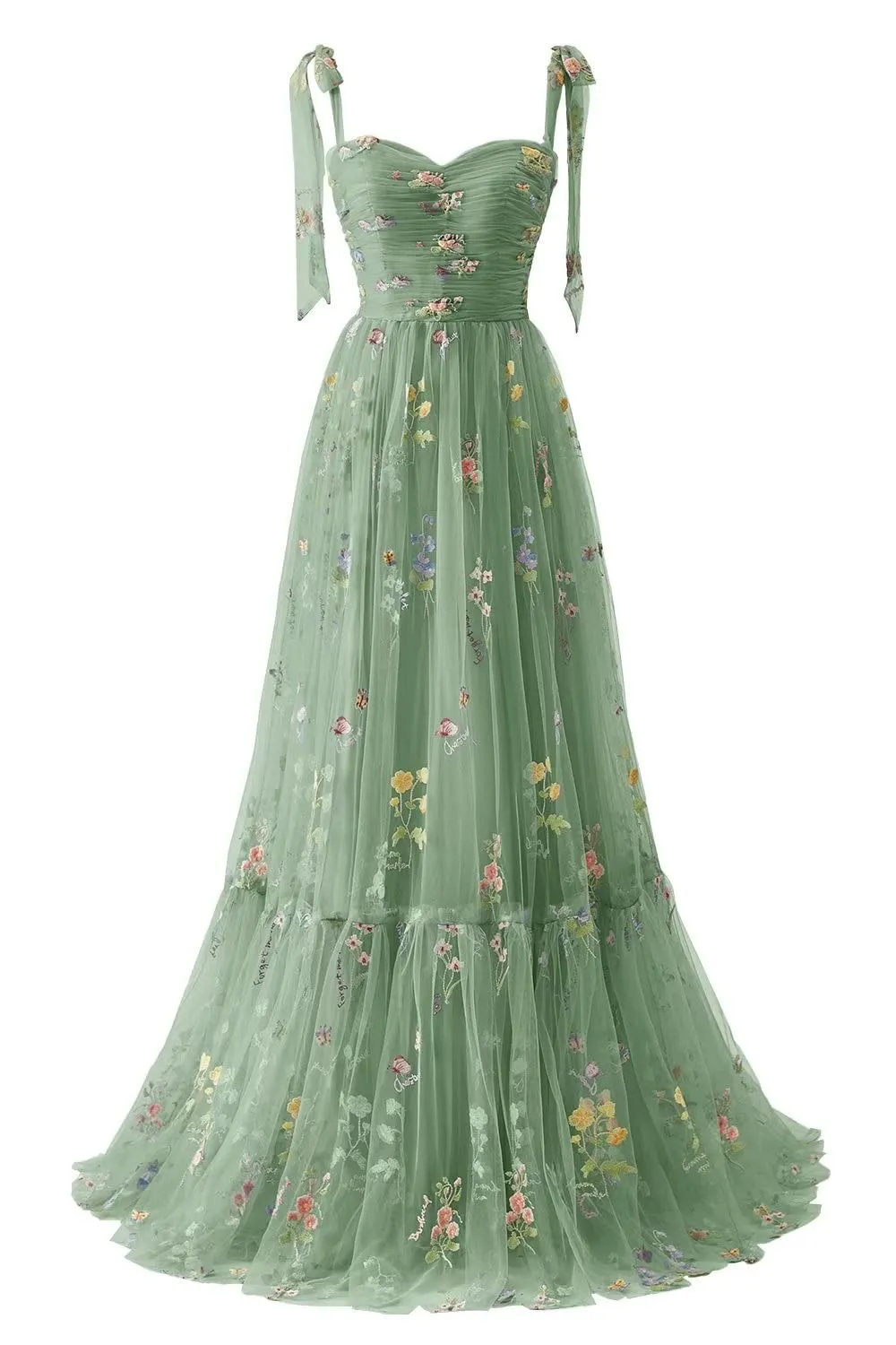 sage green cottagecore prom dress Pink Glitter Lace Appliques Ruffle Tiered Long Dress with Slit US6 / Sage Green main image 0